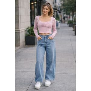 VTG Y2K Wide Rib Crop Babydoll Top With Bows Pink Sz SM Coquette Fairy Romantic